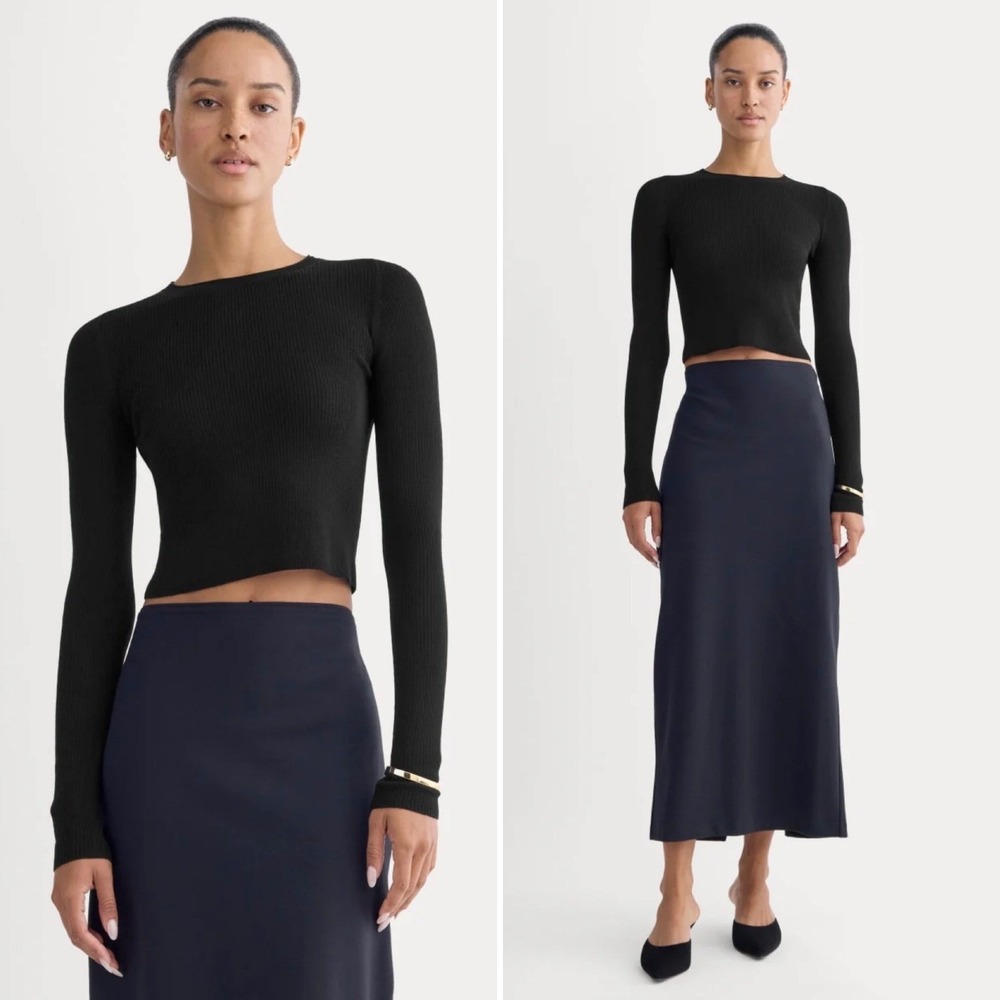 Everlane The Cropped Crew Top In Ultrafine Merino Wool Black XXL Long Sleeve